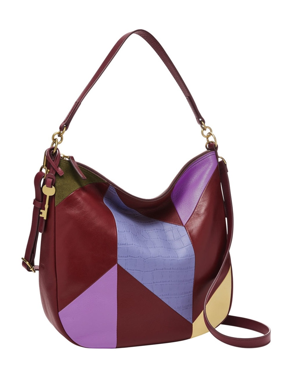 Fossil Burgundy, Purple and Lilac Patchwork Leather Hobo